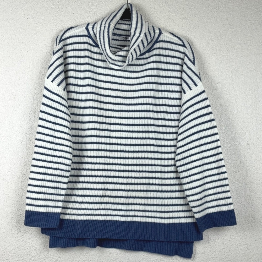 Old Navy White Navy Blue Striped Turtleneck Sweater - L - Nautical Coastal Rib